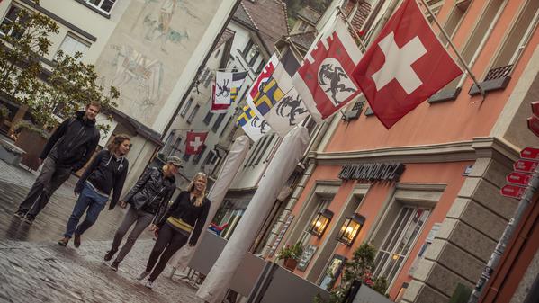 Switzerland Chur Town Streets Flag Group Walking