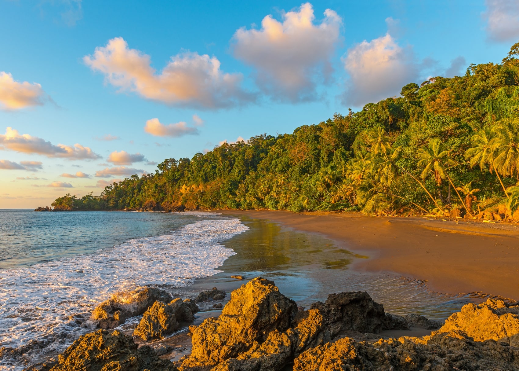 golden hour sunset lights up the beaches of Corcovado National Park